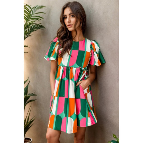 'Giselle' Colour Block Round Neck Short Sleeve Dress - Celes Fashion